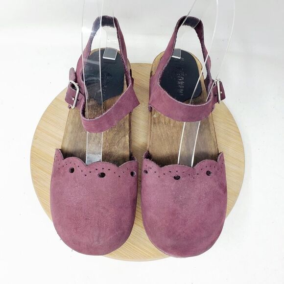 Sandgrens Milan Clogs Womens 36 Plum Nubuck Leather Scalloped Edge Straps Shoes - Picture 4 of 14